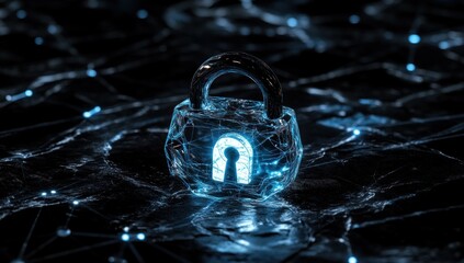 Poster - Glowing padlock on dark digital network background.
