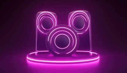 Poster - Neon pink glowing stereo speakers on a platform.