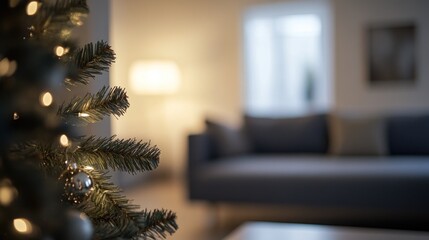 Poster - Close-up of decorated Christmas tree in cozy living room.