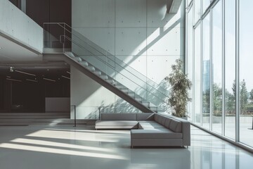 Aufkleber - Modern office lobby with glass staircase, large windows, and sectional sofa.