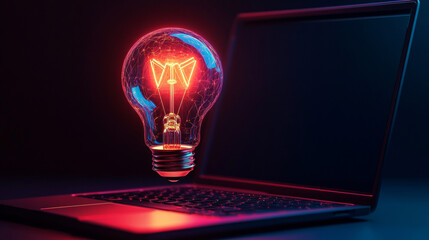 Poster - Light bulb hologram. The laptop is an isometric view. Future technology.