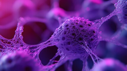 Aufkleber - Microscopic view of interconnected cells with complex network, vibrant purple and pink hues.