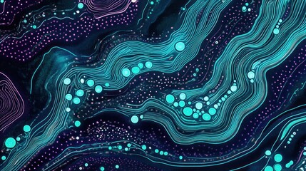 Fototapete - Abstract swirling teal and purple digital art with glowing dots and lines.