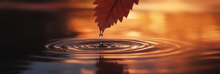 Poster - Autumn leaf dripping water, creating ripples on a calm sunset water surface.