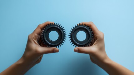 Poster - Two hands holding interlocked gears on a blue background.
