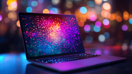 Poster - Icon photo hologram. The laptop is an isometric view. Photo sharing technology. Future technology.