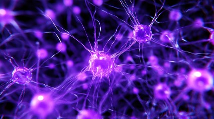 Poster - Microscopic view of glowing purple neurons connecting.