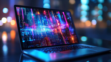 Poster - Icon photo hologram. The laptop is an isometric view. Photo sharing technology. Future technology.