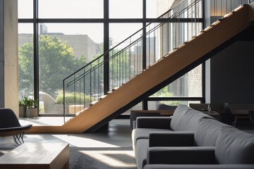 Aufkleber - Modern interior with wooden staircase, large windows, and gray sofa.