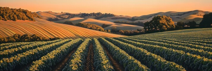 Poster - Sunset over rolling hills and agricultural fields.