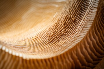 Poster - Close-up of a light brown, textured, organic surface with parallel lines and ridges, resembling wood grain or a mushroom's gills.
