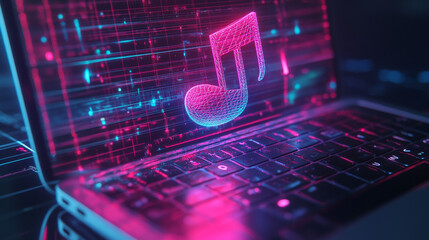 Poster - Icon music hologram. The laptop is an isometric view. Note icon in isometry. Future technology.