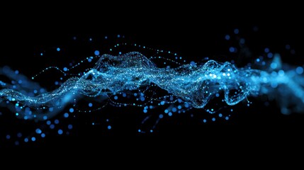 Poster - Abstract blue glowing particles wave on black background.