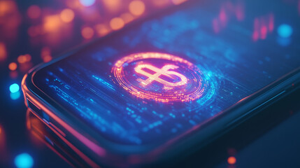 Poster - Dollar sign hologram. The laptop is an isometric view. Mobile payment. Future technology.