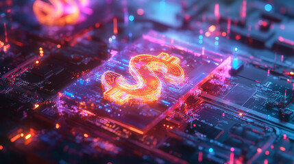 Poster - Dollar sign hologram. The laptop is an isometric view. Mobile payment. Future technology.