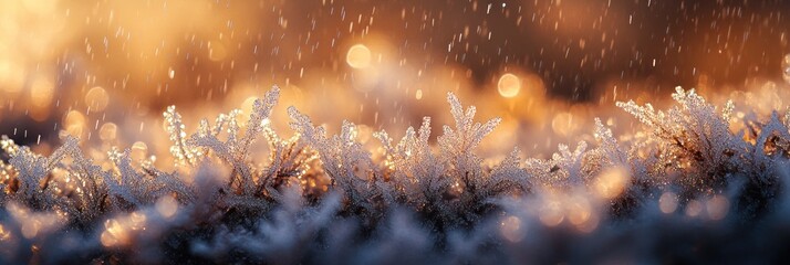 Poster - Frosty plants in golden hour light with bokeh and falling snow.