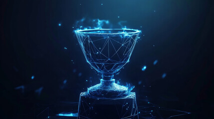 Poster - The victory hologram. Award of polygons, triangles of points and lines. Cup on a pedestal low poly compound structure. The technology concept.