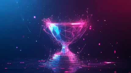 Poster - The victory hologram. Award of polygons, triangles of points and lines. Cup on a pedestal low poly compound structure. The technology concept.