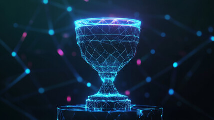 Poster - The victory hologram. Award of polygons, triangles of points and lines. Cup on a pedestal low poly compound structure. The technology concept.