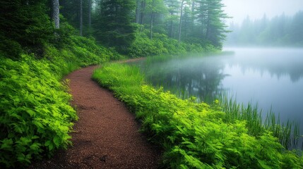 Poster - Misty morning trail winding along a serene lake in a lush green forest.