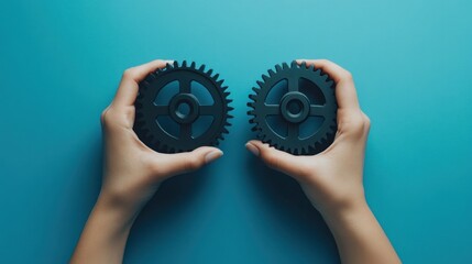 Aufkleber - Two hands hold interlocked gears on a blue background.