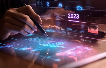 Fototapete - Hand using stylus on tablet displaying 2023 data analytics and graphs.