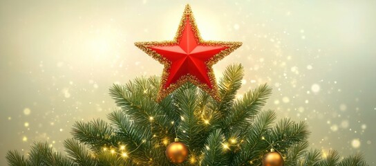 Aufkleber - Red star atop a decorated Christmas tree with golden lights and ornaments.