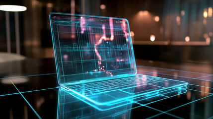 Poster - Hologram time. The laptop is an isometric view. Future technology.
