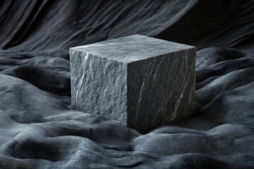 Poster - Dark grey stone cube on dark fabric. (1)
