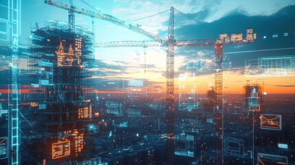 Poster - Futuristic city construction with digital overlays showing building plans and progress.