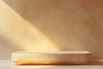 Aufkleber - Sunlit wooden platform against beige wall.