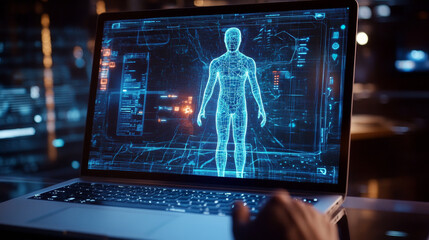 Poster - Hologram time. The laptop is an isometric view. Future technology.