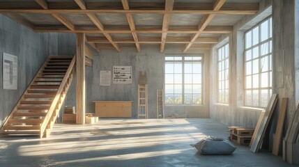 Poster - Sunlit loft interior with wooden staircase, exposed beams, and construction materials.