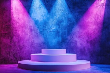 Aufkleber - Neon-lit stage with three-tiered circular podium against grunge wall.