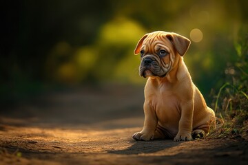 Poster - Adorable fawn-colored bulldog puppy sitting outdoors in warm sunlight.