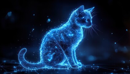 Aufkleber - Glowing blue cat, digital art, dark background.