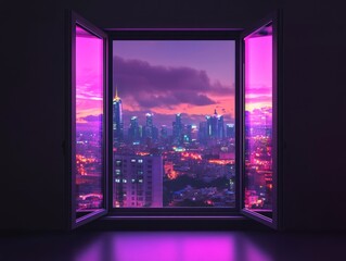 Poster - Open window with neon pink glow, showcasing a vibrant cityscape at twilight.