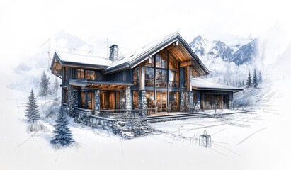 Poster - Architectural sketch of a luxurious chalet in snowy mountains.