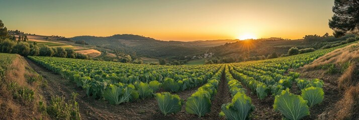 Poster - Sunset over a vast cabbage field on a hillside farm.