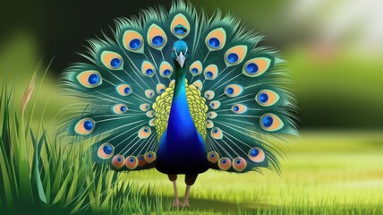 A vibrant peacock with a colorful feather display walking on grass in a lush green field