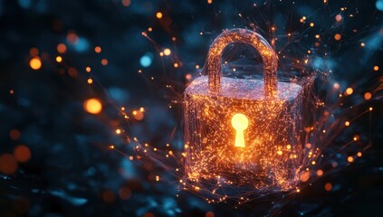 Poster - Glowing digital padlock symbolizes cybersecurity, data protection, and network security.