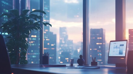 Poster - Modern office desk overlooking a city skyline at sunset.