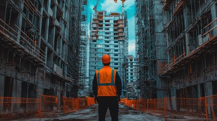 Poster - Construction worker standing between buildings under construction.