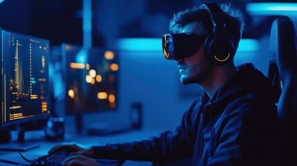 Aufkleber - Man wearing VR headset plays video game, illuminated by blue light.