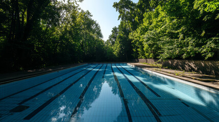 Wall Mural - peaceful outdoor swimming pool surrounded by lush trees on a bright sunny day