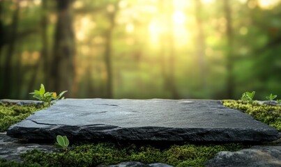 Aufkleber - Dark stone slab on mossy surface in forest with sunlit background.