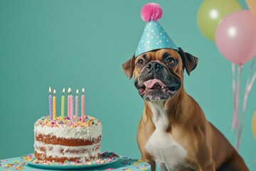 Wall Mural - Happy Boxer dog wearing party hat next to birthday cake with candles.