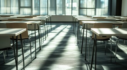 Poster - Sunlit empty classroom with rows of desks and chairs.