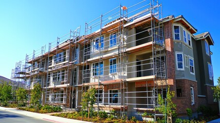 Aufkleber - Multi-story apartment building under construction with scaffolding.