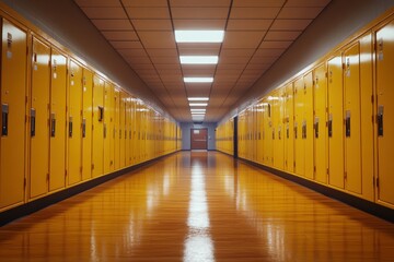 Poster - Long empty school corridor with yellow lockers and shiny wooden floor.
